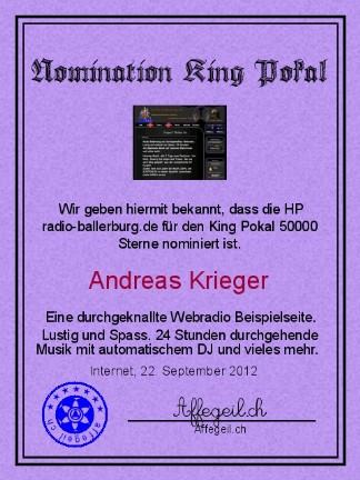 King Award Nominationsurkunde Radio Ballerburg
