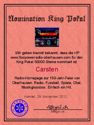 King Award Nominationsurkunde Foxipower-Radio Oberhausen