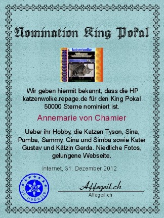 King Award Nominationsurkunde Katzenwolke