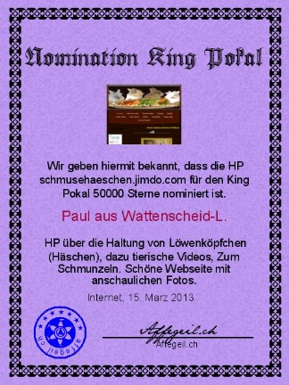 King Award Nominationsurkunde Schmuse-Häschen