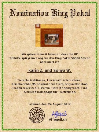 King Award Nominationsurkunde Tierhilfe-Spikyranch