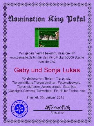 King Award Nominationsurkunde Tierseite
