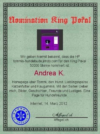 King Award Nominationsurkunde Tommis-Hundebude