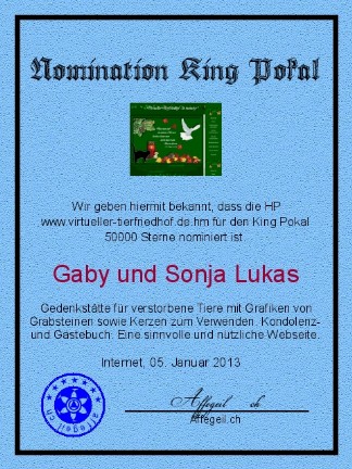 King Award Nominationsurkunde Virtueller Tierfriedhof