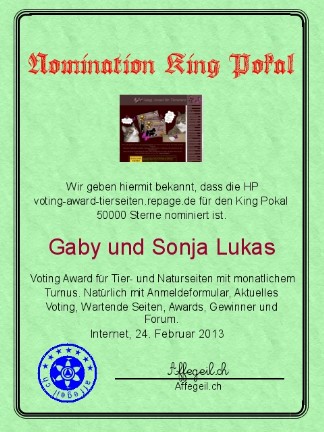 King Award Nominationsurkunde Voting-Award Tierseiten