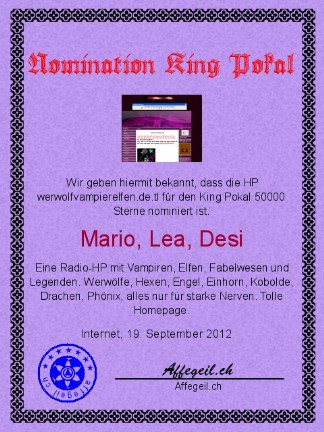 King Award Nominationsurkunde Werwolf Vampier Elfen